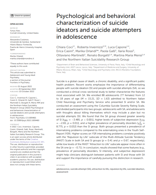 Caratterizzazione psicologica e comportamentale di adolescenti ideatori e tentatori di suicidio