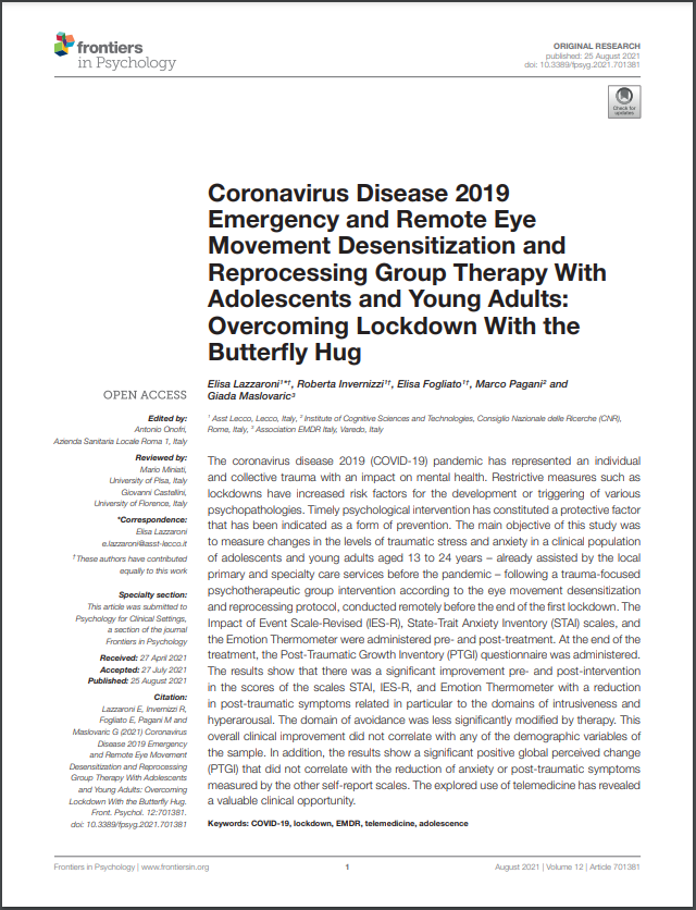 Coronavirus 2019 Terapia di gruppo di emergenza, desensibilizzazione e rielaborazione attraverso i movimenti oculari con adolescenti e giovani adulti: superare il lockdown con la tecnica del Butterfly Hug