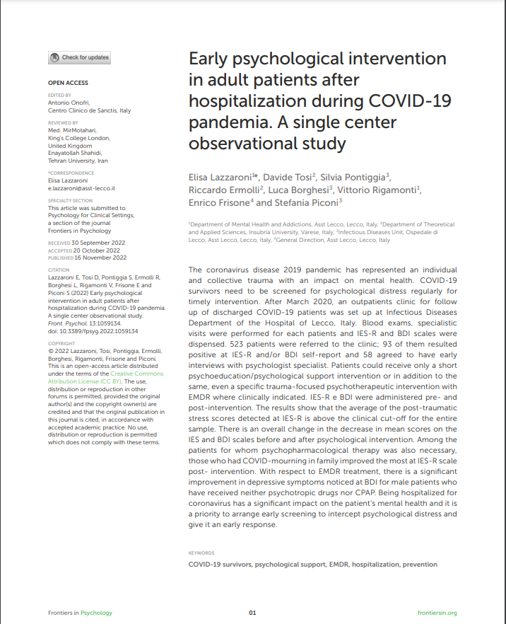 Intervento psicologico precoce in pazienti adulti dopo il ricovero ospedaliero durante la pandemia da COVID-19. Lo studio osservazionale di un unico centro.